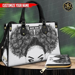Marchstyle - Bolso y cartera de cuero con nombre personalizado para mujer afroamericana con cabello rizado, billetera personalizada con mujer negra vintage