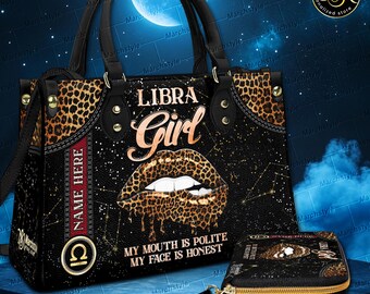 Bolso o cartera de cuero personalizado para chica Libra, monedero con nombre personalizado, regalo de cumpleaños para Libra, monedero con estampado de leopardo.