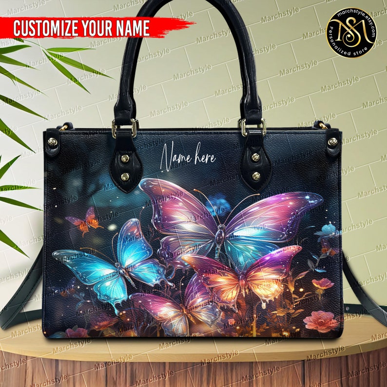 Marchstyle Custom Name Magic Forest With Colorful Butterflies Leather Bag & Purse, Dream Forest Butterfly with Colorful Wings Bag Wallet image 10