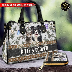 Marchstyle - Personalized Pet Portrait Painting From Photo & Name Leather handbag, Custom purse and Wallet with style dog cat drawing