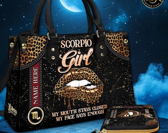 Bolso o cartera de cuero personalizado para chica Escorpio, monedero con nombre personalizado del zodiaco, cartera con estampado de leopardo y labios, cumpleaños astrológico