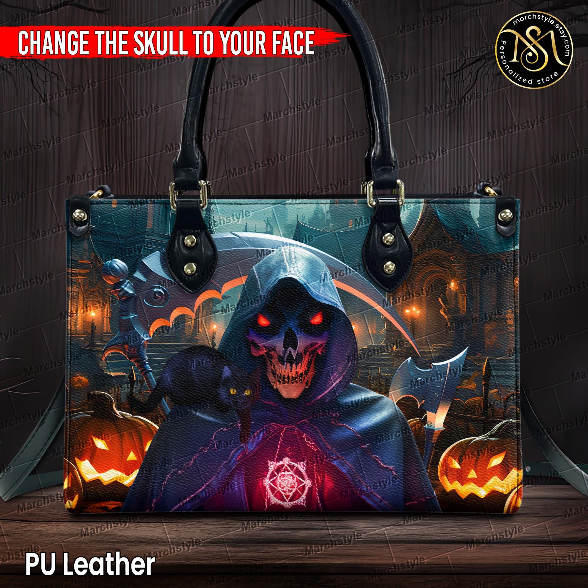 Discover Marchstyle - Personalized Leather Handbag with Your face in Death Halloween, Custom Photo Horror handbag, Black Cat and You Wallet