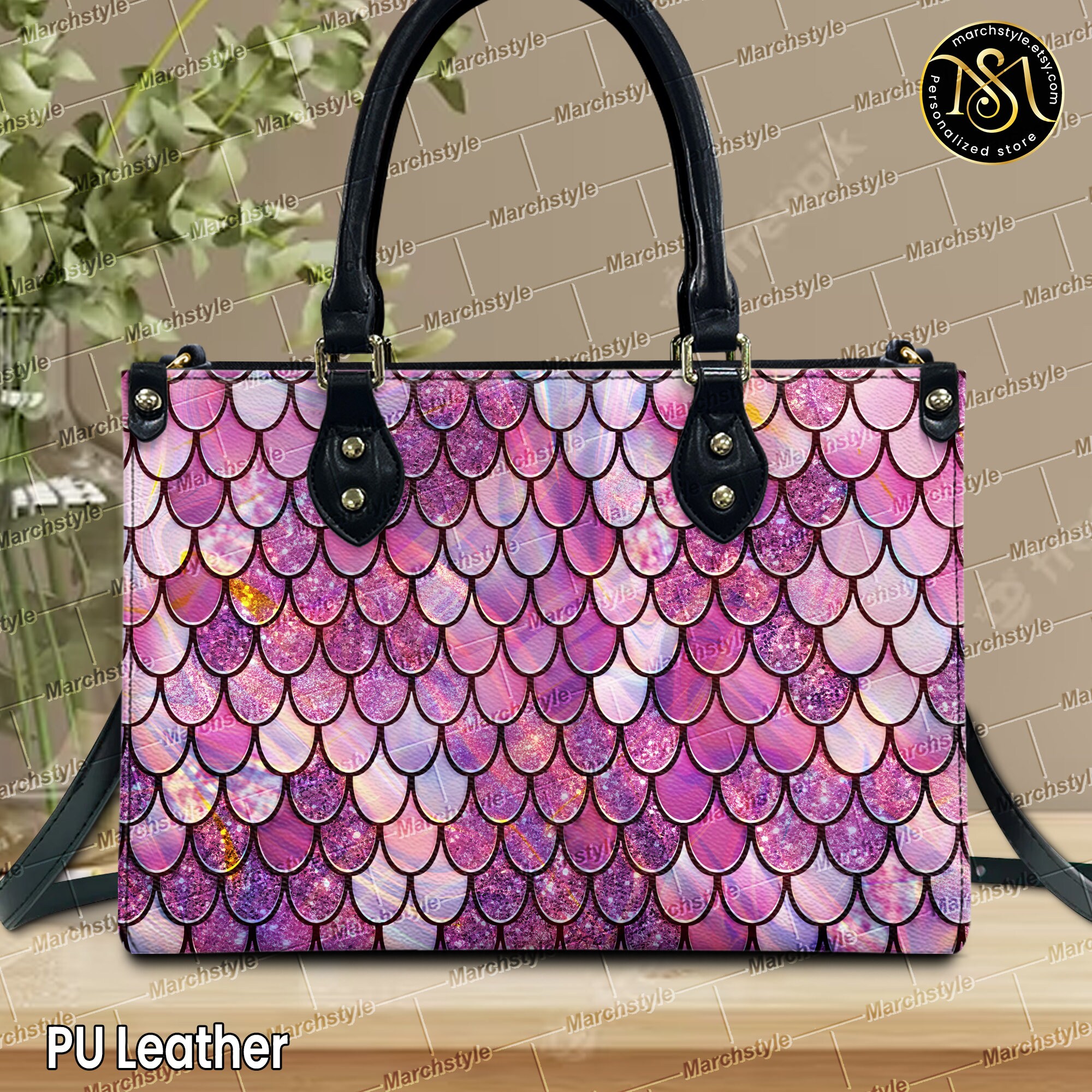 Discover Marchstyle - Colorful Fish Scales Pattern Pink Print Leather Handbag , Fish Skin Material Print Bag , Fish Skin Wallet, Custom Color
