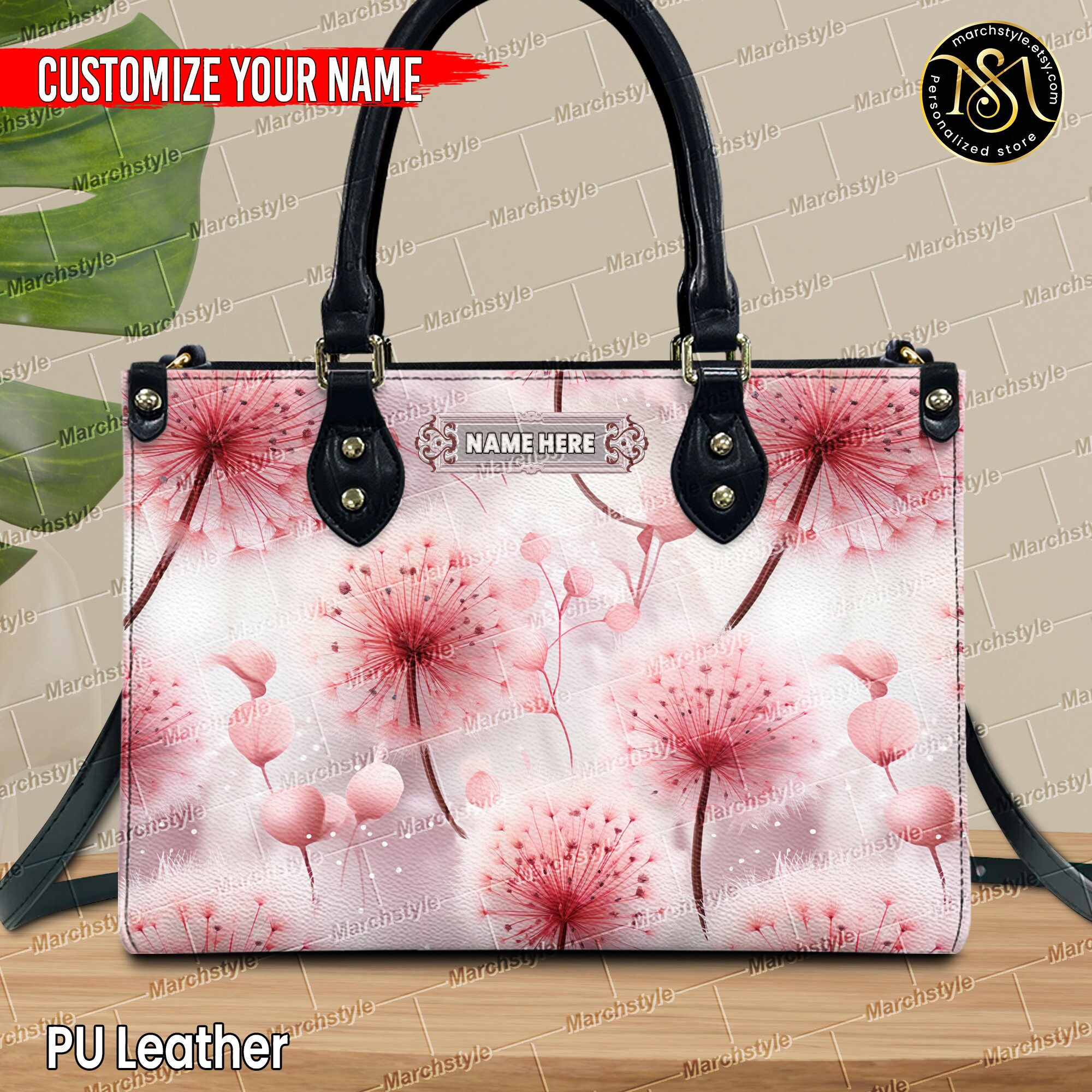 Discover Marchstyle - Custom Name Pink Dandelions Flower Floral Leather HandBags with Shoulder Strap for Women Men Adults, Gift for Lover Dandelions