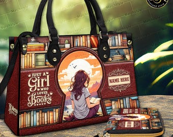 Puede incluir: Un bolso de mano y cartera a juego en piel sintética marrón con estampado de estantería, una ventana circular central que muestra a una persona leyendo al atardecer y el texto "JUST A GIRL WHO LOVES BOOKS" y "NAME HERE".
