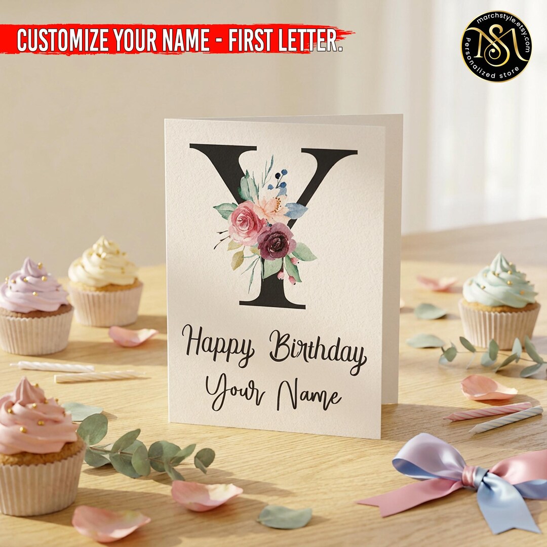 Personalized Birthday Card With Floral Initial, Custom Name Letter Card ...