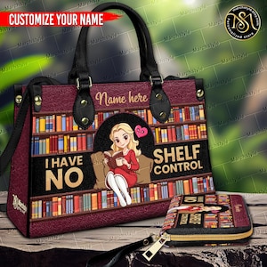 Marchstyle - Bolsa de couro personalizada e carteira "I Have No Shelf Control", carteira personalizada para amantes de livros, bolsa de biblioteca divertida, presente para estudantes