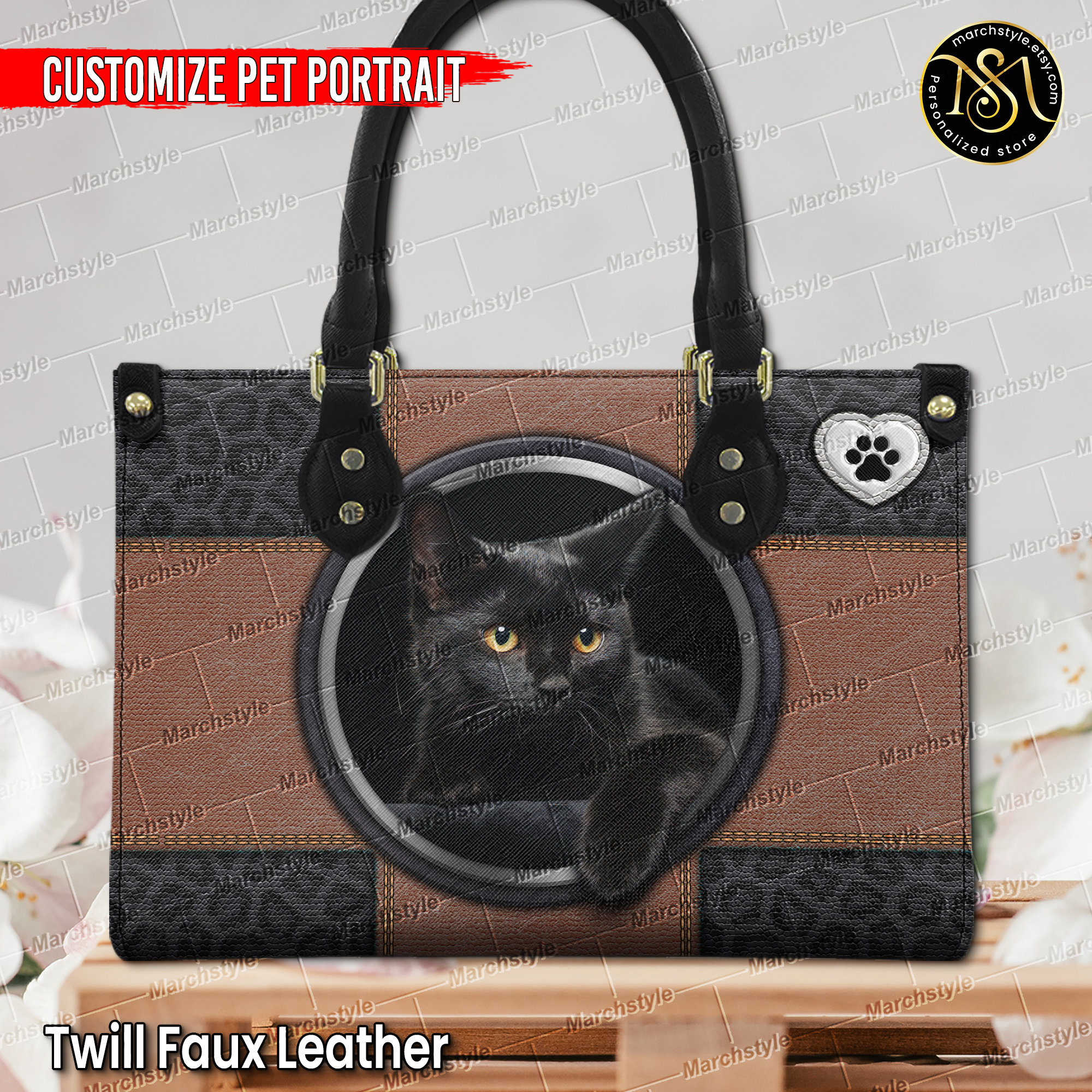 Discover Marchstyle - Personalized Leather Handbag With Pet Portrait, Black Cat bag, Black Cat Wallet, Custom Dog Bag Bag , Custom Cat Wallet