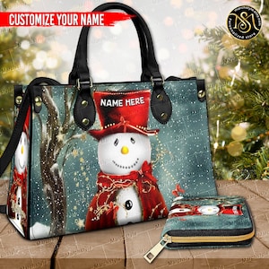 Marchstyle - Bolso de mano y cartera de cuero personalizados con muñeco de nieve, billetera navideña con muñeco de nieve, bolso cruzado con nombre personalizado, regalos navideños con muñeco de nieve