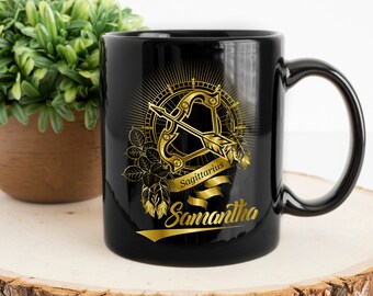 Personalized Sagittarius Mug: Zodiac Birthday Gift, Black Ceramic 11oz