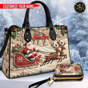 Marchstyle - Sac à main et sac à main en cuir personnalisés avec père Noël faussement brodé, sac de Noël pour femme avec prénom personnalisé, portefeuille vintage du père Noël