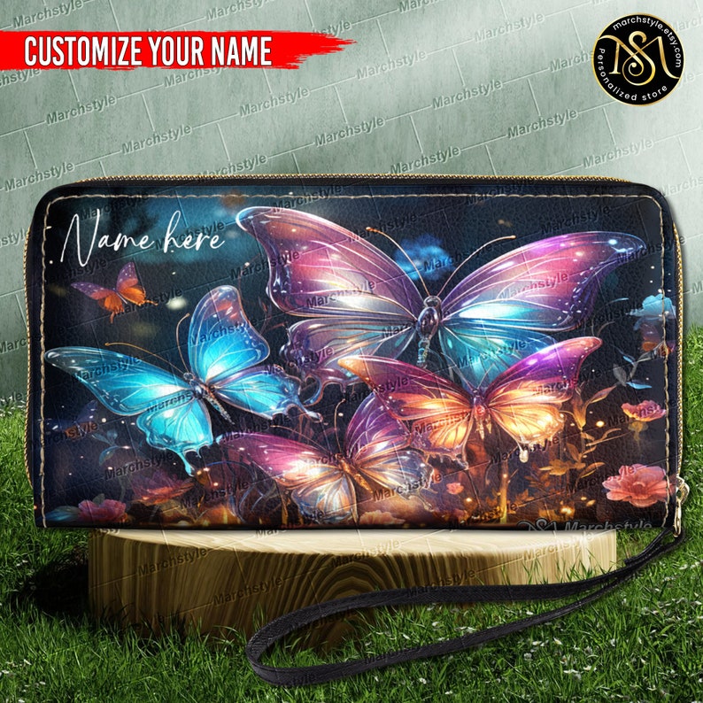 Marchstyle Aangepaste naam Magic Forest met kleurrijke vlinders lederen tas en portemonnee, Dream Forest Butterfly met kleurrijke vleugels tas portemonnee Purse with Strap