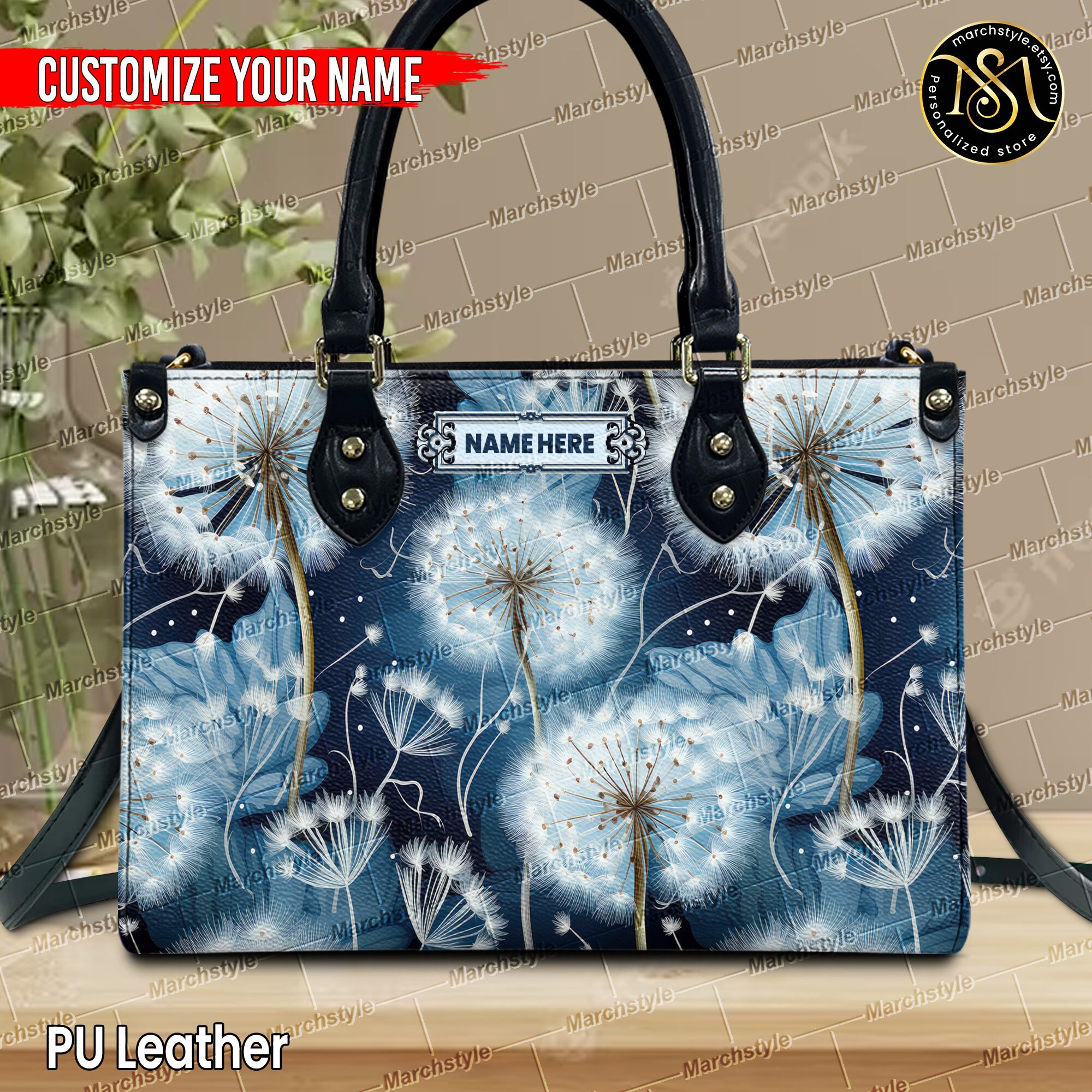 Discover Marchstyle - Custom Name Blue Dandelion Print Floral Leather handBag with Shoulder Strap for Women, Wallet for Lover Dandelions