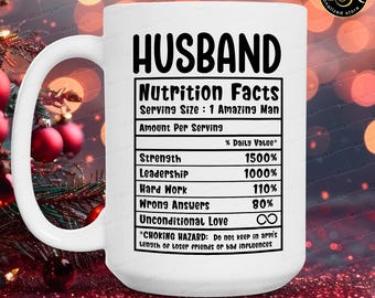 Taza divertida con información nutricional para tu esposo, taza de café para el mejor esposo, regalo de broma de cumpleaños y aniversario para él de su esposa.