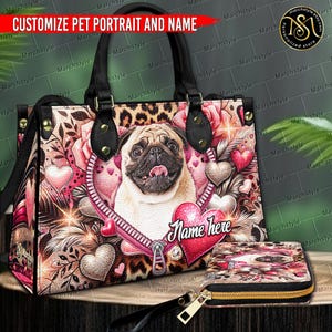 Marchstyle - Bolso de mano y cartera con retratos de mascotas personalizados en color rosa para San Valentín, billetera para perro con nombre personalizado, cartera para gato para San Valentín, bolsos con estampado de leopardo para San Valentín