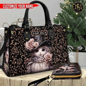 Marchstyle - Bolso de mano y cartera de cuero personalizados con muñeco de nieve navideño gótico, billetera vintage con nombre personalizado y bolso de mano con muñeco de nieve de invierno