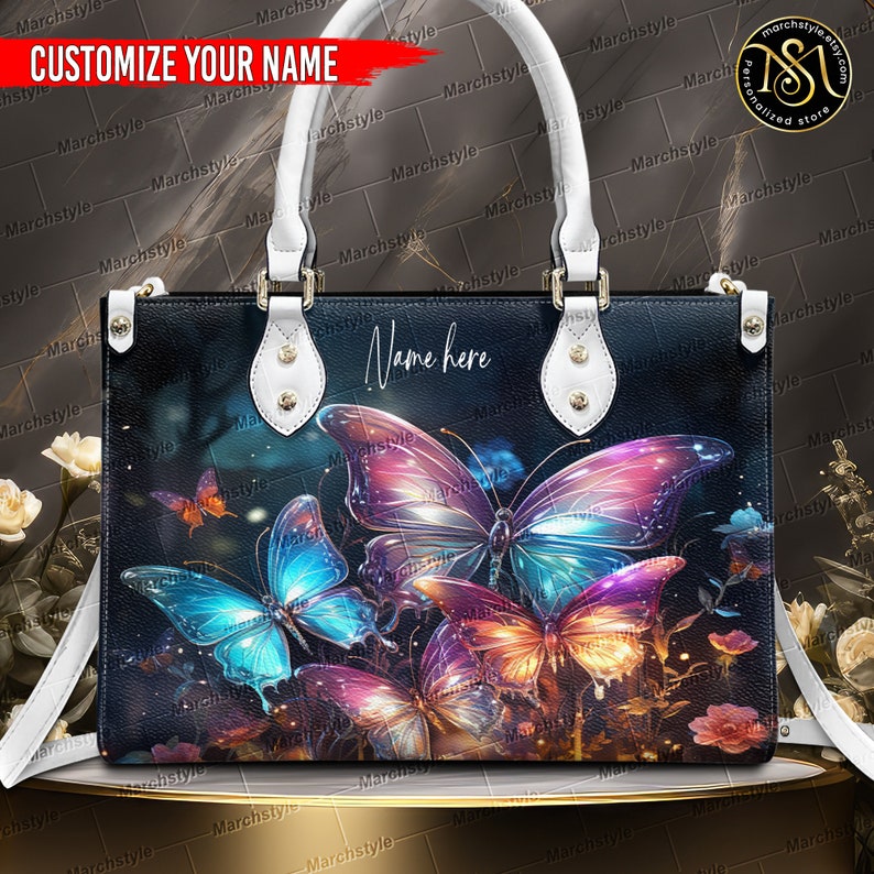 Marchstyle Aangepaste naam Magic Forest met kleurrijke vlinders lederen tas en portemonnee, Dream Forest Butterfly met kleurrijke vleugels tas portemonnee afbeelding 8