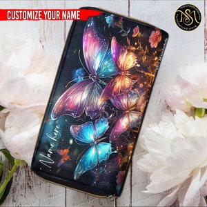 Marchstyle Custom Name Magic Forest With Colorful Butterflies Leather Bag & Purse, Dream Forest Butterfly with Colorful Wings Bag Wallet image 6