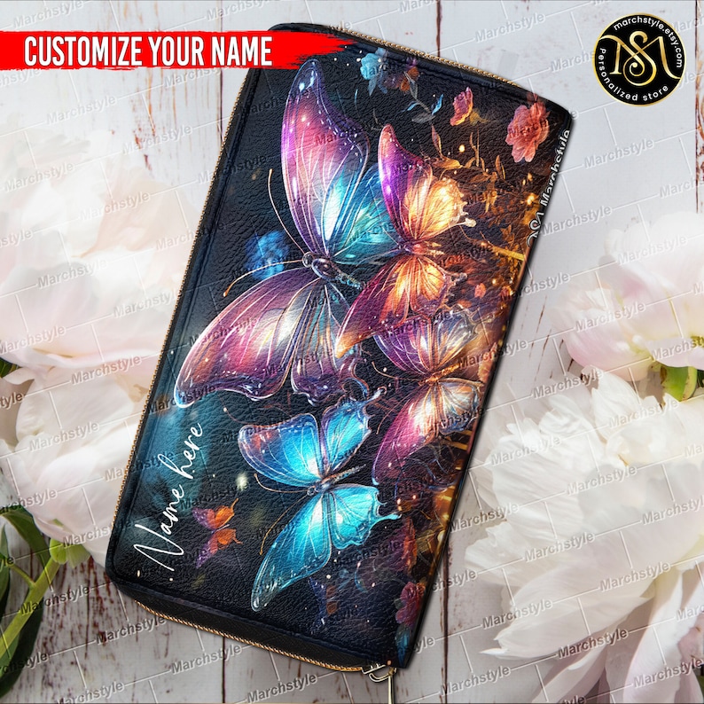 Marchstyle Custom Name Magic Forest With Colorful Butterflies Leather Bag & Purse, Dream Forest Butterfly with Colorful Wings Bag Wallet image 6