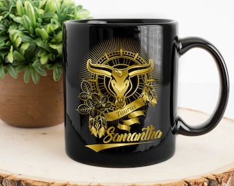 Personalized Taurus Coffee Mug: Zodiac Birthday Gift, 11oz Black Mug