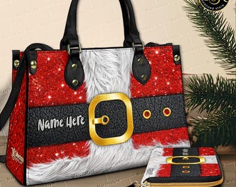 Personalized Leather Handbag or Purse With Christmas Outfit, Custom Name Santa Suit Wallet, Santa Claus costume Purse, Xmas Bag