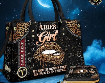 Bolso o cartera de cuero personalizado para chica Aries, monedero con nombre personalizado del zodiaco, estampado de leopardo y labios, regalo astrológico atrevido para mujer.