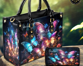 Marchstyle - Nome personalizzato Foresta magica con borsa e borsetta in pelle con farfalle colorate, Farfalla della foresta da sogno con portafoglio con ali colorate