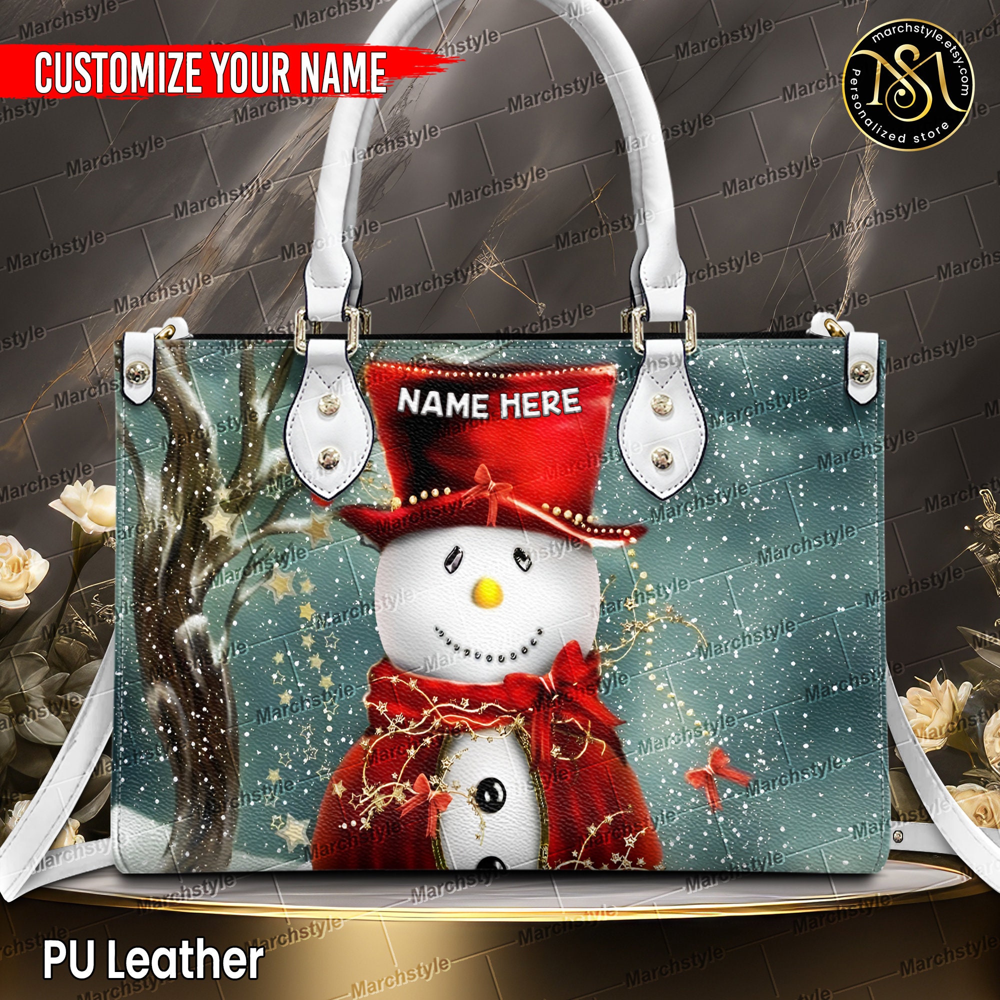 Discover Marchstyle - Personalized Leather Handbag & Purser With Snowman, Crossbody Bag Snowman Christmas Gifts