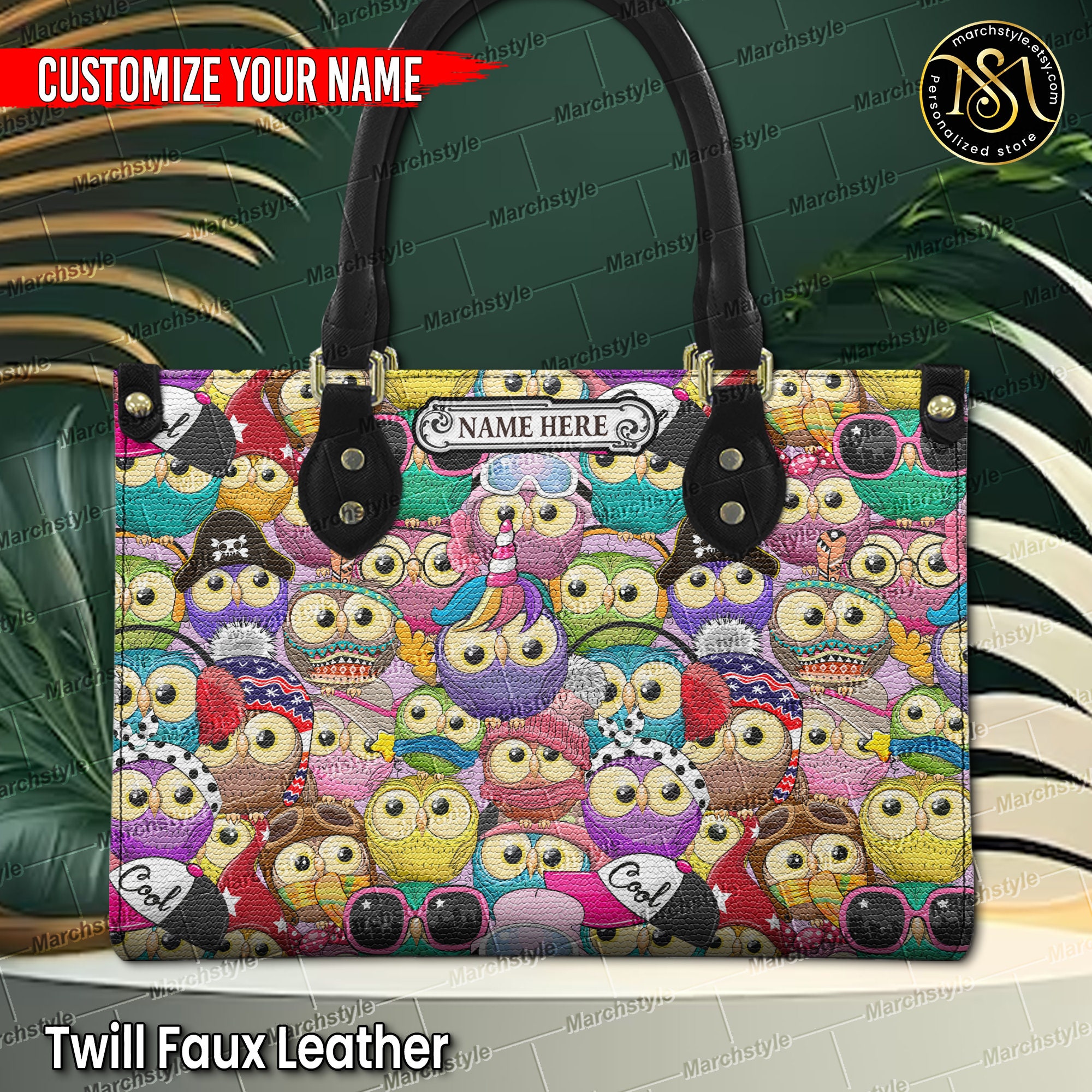 Discover Marchstyle - Custom Name Cute Owl Pattern Leather Handbag, Personalized Owl with handbag, Gift for Lover Owl, Owl crossbody bag