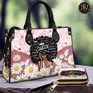 Marchstyle - Bolsa de couro com retrato da rainha negra e carteira, flor margarida e carteira afro-americana, aniversário da rainha negra, aniversário da menina afro