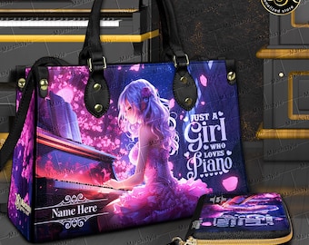 Bolso o cartera de cuero personalizado con frase "Just A Girl Who Loves Piano" y monedero con nombre personalizado "Sakura Cherry Blossom" para mujer.
