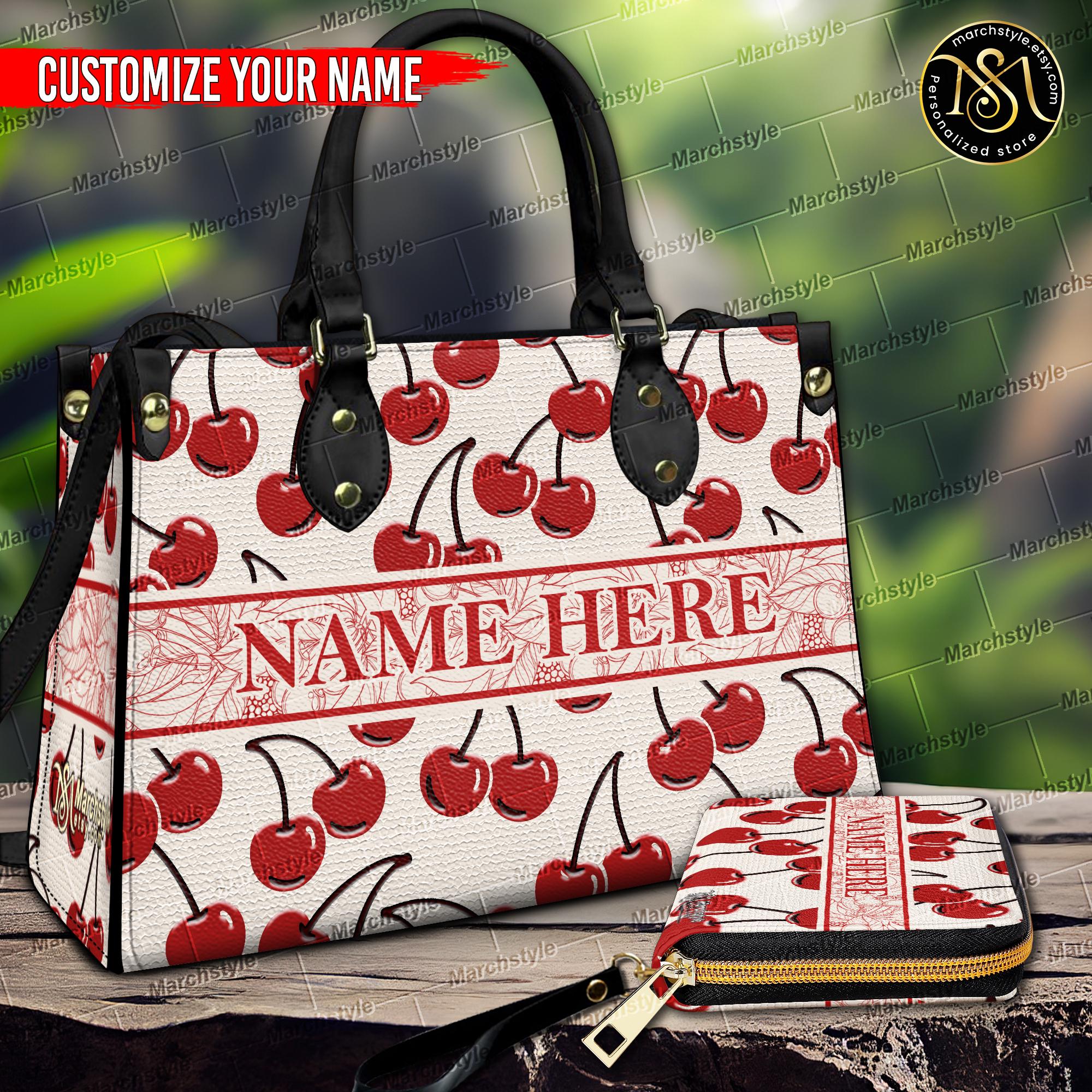 Marchstyle - Personalized Leather Handbag & Purse with Kawaii Cherry, Custom Name Cute Fruit Wallet Gift for Women,Birthday For Cherry Lover