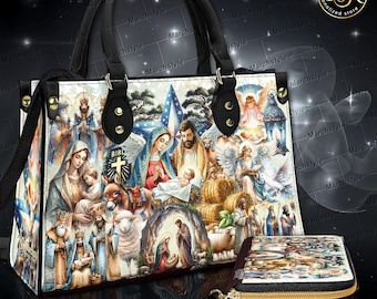 Bolso o cartera de cuero con la Natividad de Jesús, Monedero con historia cristiana de Navidad, diseño de la Sagrada Familia y Ángeles, nacimiento de Jesús