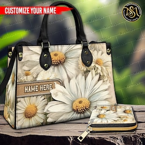 Marchstyle - Bolso y cartera de piel sintética personalizados con margaritas, cartera con nombre personalizado con margaritas estilo vintage, cartera de cumpleaños de abril.
