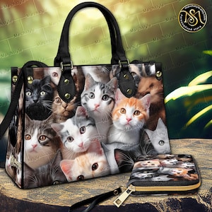 Marchstyle - Bolso de mano y cartera de cuero con estampado de gato sin costuras, bolso de gato con estilo vintage, billetera de gatos coloridos, bolso de mano con dibujo de gato colorido