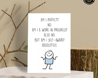 Tarjeta divertida de autoconciencia, tarjeta de felicitación sarcástica para un amigo, regalo humorístico sobre salud mental, tarjeta de notas con un trabajo en progreso honesto, tarjeta doblada de 5x7