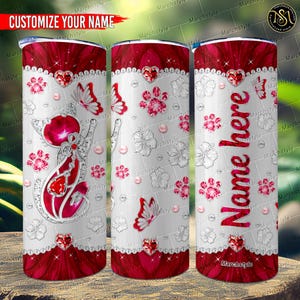 Custom Cat Tumbler with Name, Personalized Ruby Diamond Cat Print Cup, Bling Cat Mom Gift, Luxury Gift for Her
