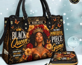Bolso o cartera de cuero Black Queen personalizado, bolso de hombro Melanin Queen con nombre personalizado, regalo afrocéntrico para ella, bolso tote afroamericano