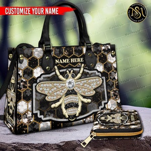 Marchstyle - Bolso de cuero para apicultores, bolso de cuero personalizado con nombre y monedero con abeja, lindo bolso de cuero con abeja y nombre personalizado, abeja con flores