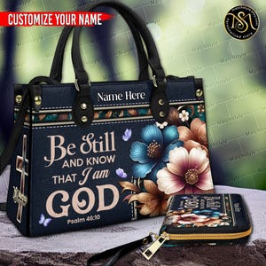 Personalized Christian Handbag, Custom Name Scripture Purse, Psalm 46 10 Leather Tote Bag, Faith Gift for Mom, Religious Women Shoulder Bag