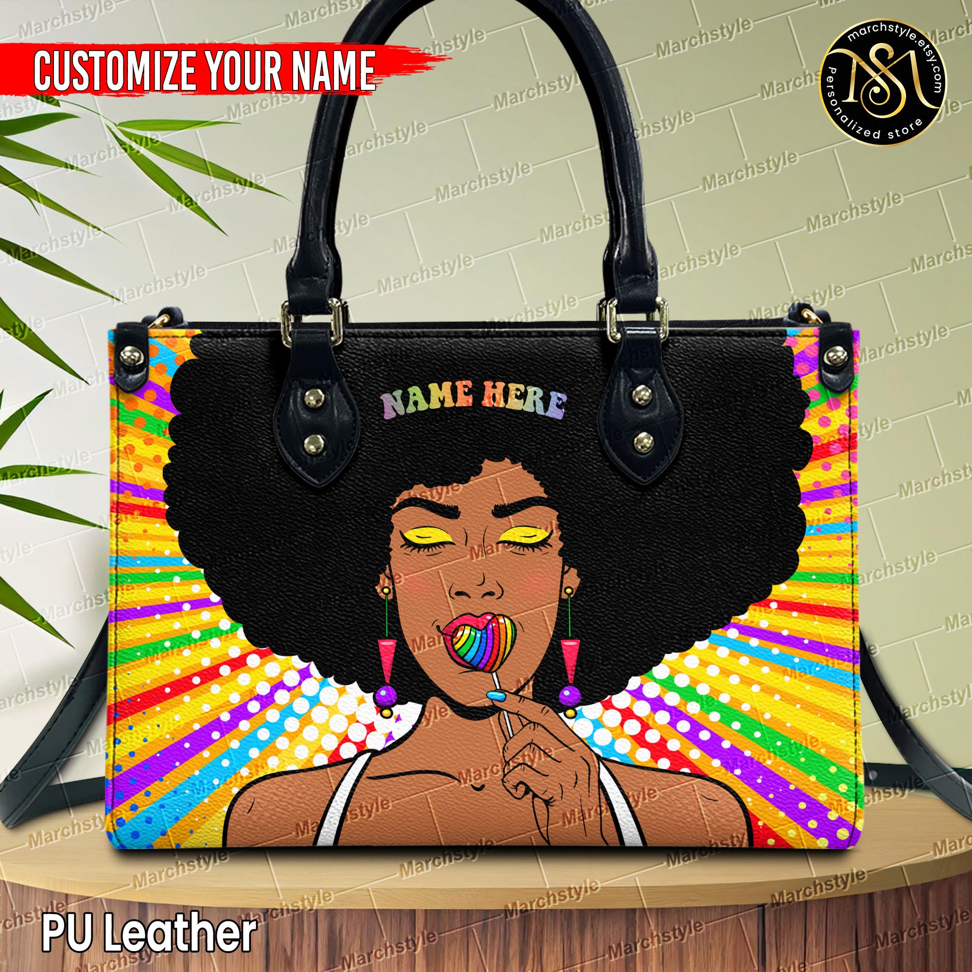 Discover Marchstyle - Custom Name African American Woman with Hair Large Leather Handbag, Personalized Black Woman Wallet, Afro Birthday Gift