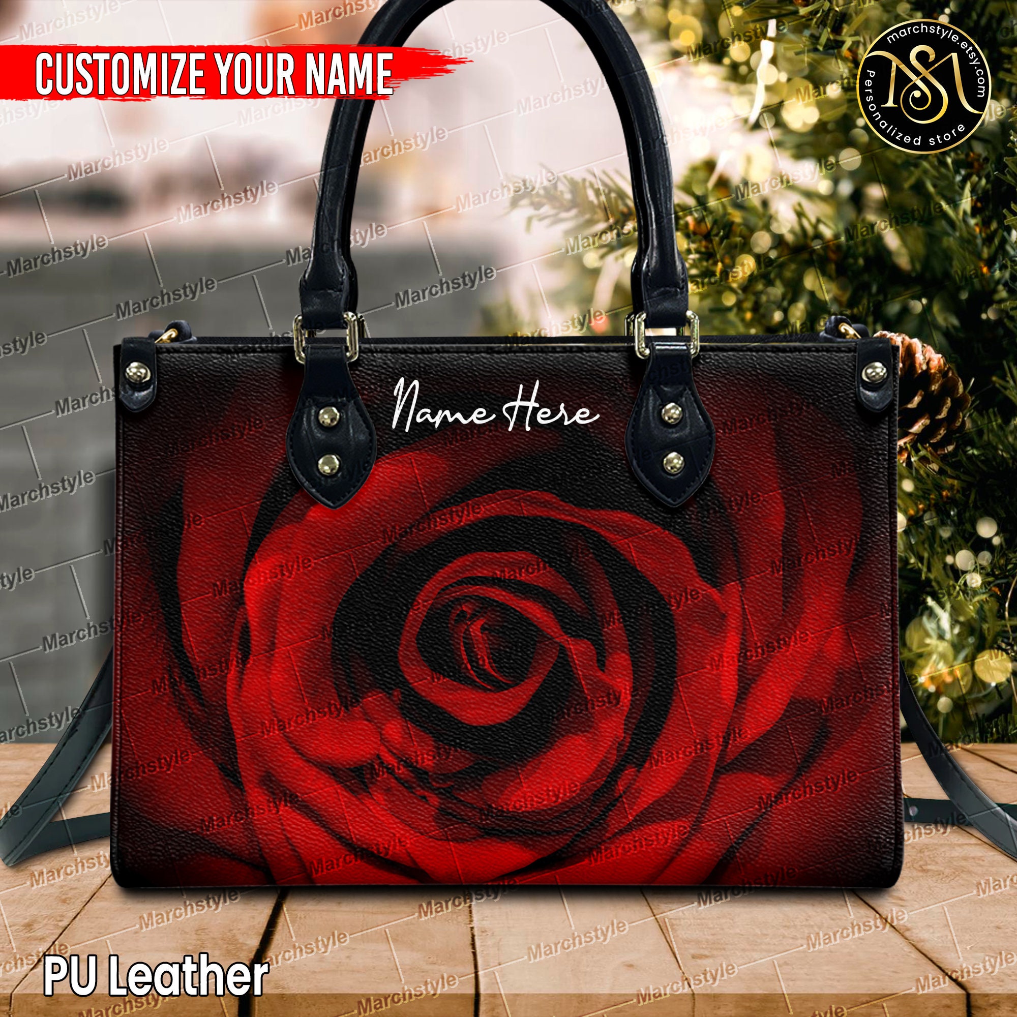 Discover Marchstyle - Personalized Name Crossbody Bag With Red Rose, Custom Name Valentine Leather Handbags, Name Rose Bag , Red rose Wallet