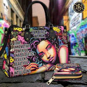 Marchstyle - Bolso y cartera de cuero Retrato de una hermosa niña afroamericana con afirmaciones positivas, billetera de arte callejero de mujer negra