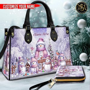 Marchstyle - Bolso y cartera de cuero personalizados con familia de muñecos de nieve, billetera navideña con nombre personalizado para abuela, Navidad para mamá, amante de los muñecos de nieve