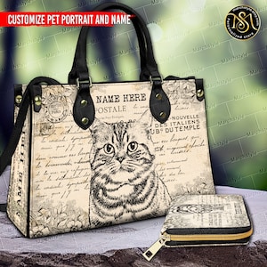 Marchstyle - Personalized Pet Portrait Painting 70’s Leather handbag & Purse, Vintage purse with 70s style dog cat drawing,Custom Pet Wallet