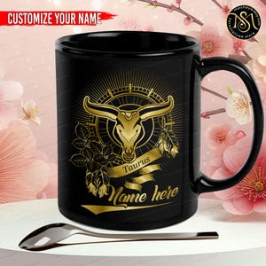 Personalized Taurus Mug, Custom Name Zodiac Coffee Cup, Astrology Birthday Gift for Taurus Woman Man, Star Sign Horoscope Mug 11oz
