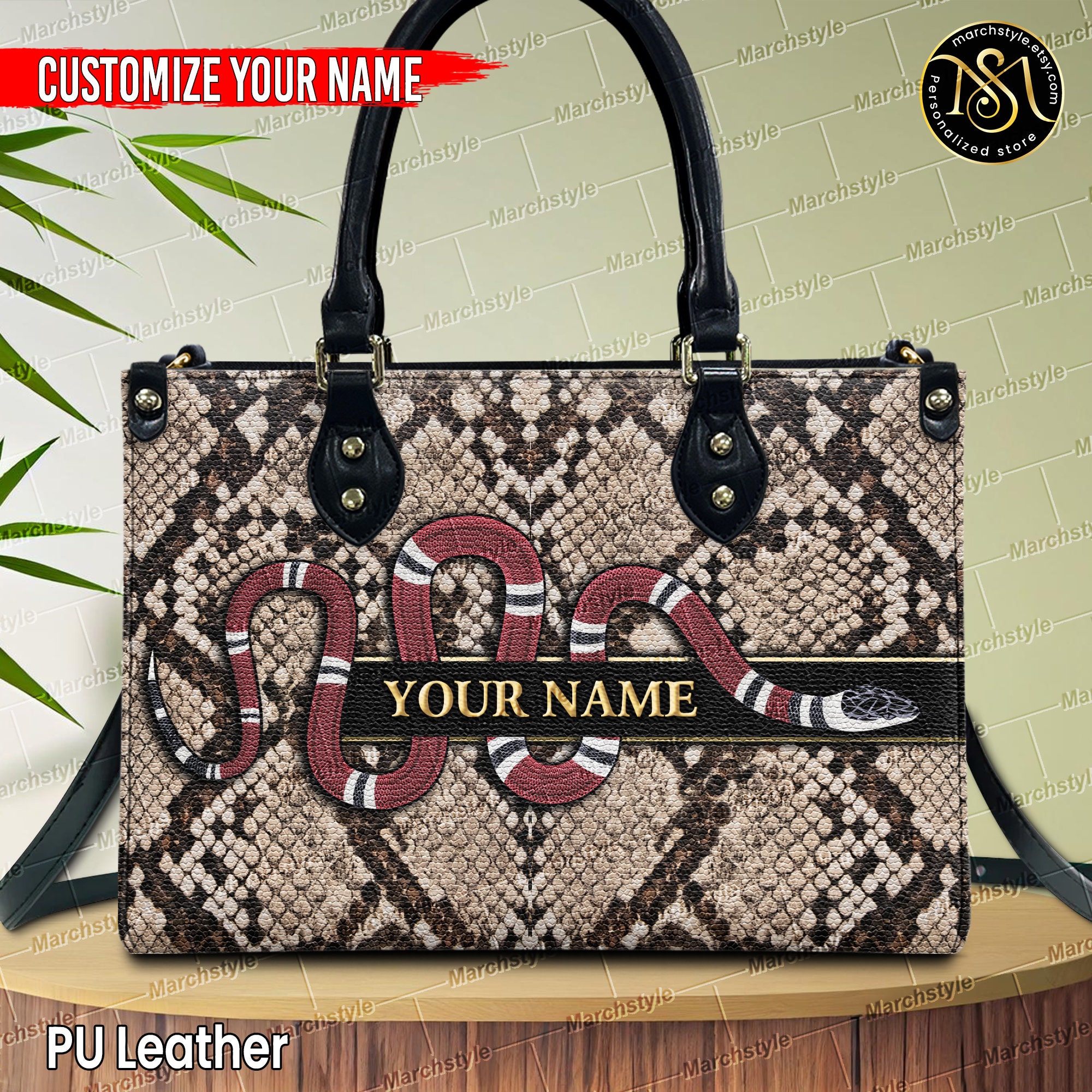Discover Marchstyle - Personalized Vintage Snakeskin Print Leather Handbag, Custom Name Red Coral Snakeskin Bag , Snakeskin Print Wallet