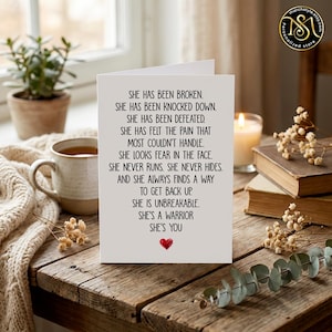 Tarjeta inspiradora de mujer fuerte (12,7 x 18,8 cm), con cita de mujer guerrera, regalo de ánimo para ella, tarjeta de empoderamiento motivacional, mensaje inspirador. imagen 1