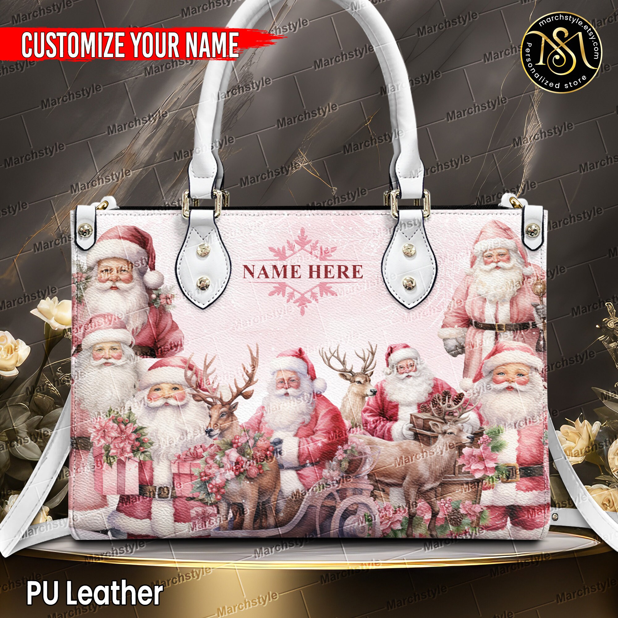 Discover Marchstyle - Personalized Pink Christmas Santa Claus Leather Handbag & Purse,Christmas Woman Handbag, Christmas Women Bag and Purse
