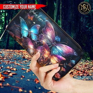 Marchstyle Nome personalizzato Foresta magica con borsa e borsetta in pelle con farfalle colorate, Farfalla della foresta da sogno con portafoglio con ali colorate Purse